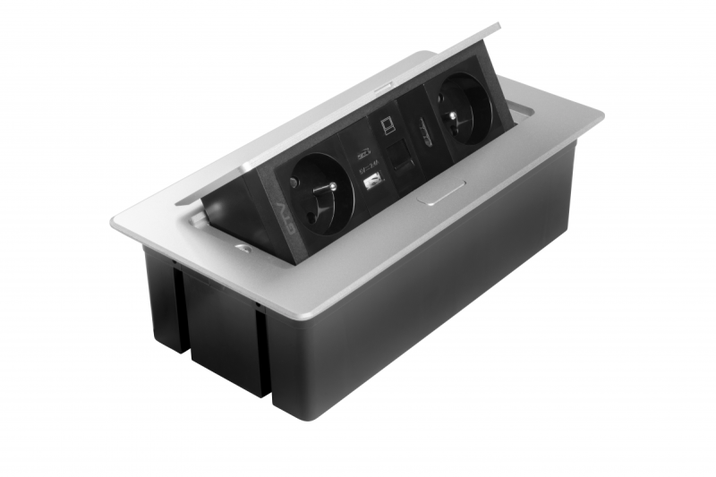 MULTISOFT Möbelsteckdose 2x Steckdose mit Erdung, USB A+C, RJ45, HDMI, Stromkabel mit Stecker, Aluminium