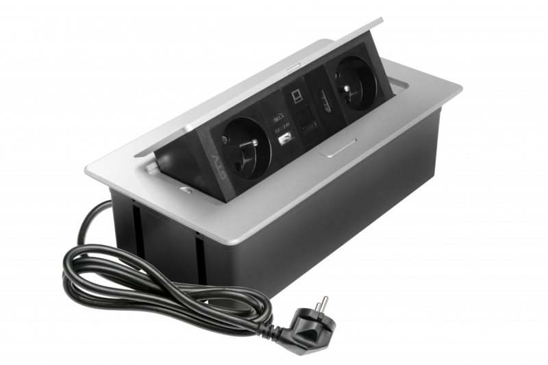 MULTISOFT Möbelsteckdose 2x Steckdose mit Erdung, USB A+C, RJ45, HDMI, Stromkabel mit Stecker, Aluminium