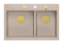 Quadri Hard Rock Doppelbeige Granit Aufbau Spülbecken 76x50 cm mit goldenem Stopfen und Zubehör 1208971663