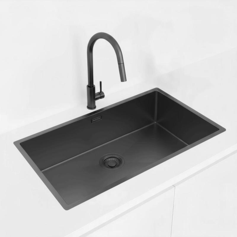 Pure.Sink Luxion Große PVD-Spüle in Schwarz, 74 x 40 cm, Unterbau, flächenbündiger Einbau und Aufsatz PLX7440-63
