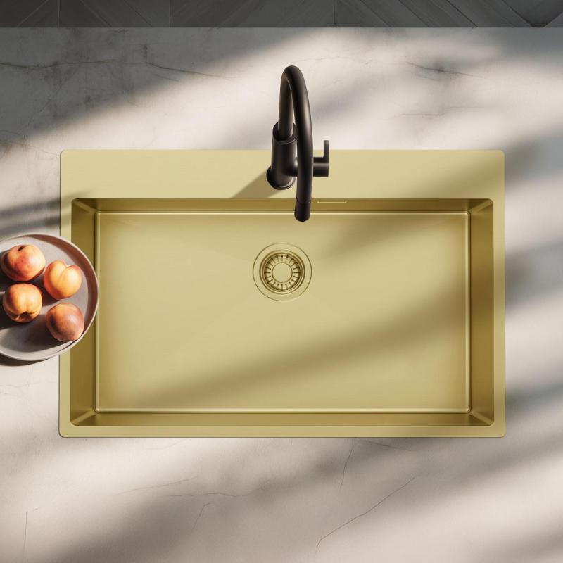 Pure.Sink Luxion Große goldene Spüle 78 x 50 cm Wasserhahnflügel mit Lochbank PLX7850T-60