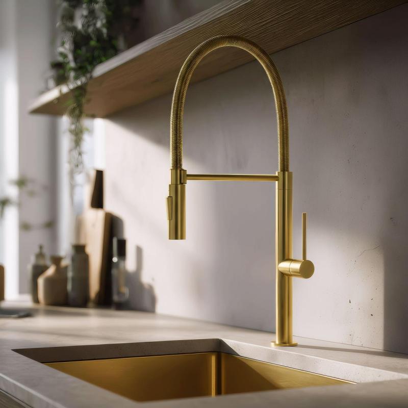 Pure.Sink Luxion Goldfarbene Profi-Küchenarmatur mit flexiblem Auslauf und 2 Strahlarten PLXFLEX-60
