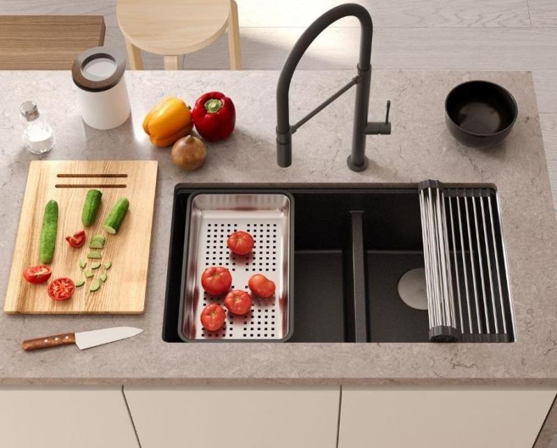 Quadri Newport II Doppel Beige Granit Aufbau Spüle 76x45 cm mit Kupferstopfen 1208971752