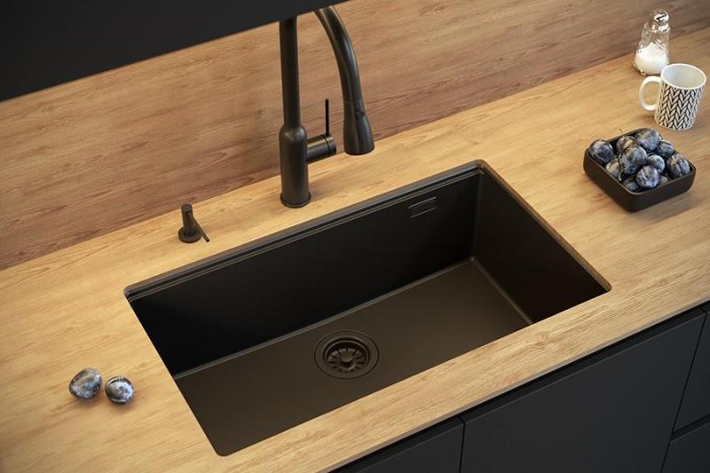 Quadri Newport II große und tiefe Spülbecken Granit Aufbau und Unterbau beige Spülbecken 76x45cm mit goldenem Stopfen 1208971759