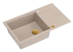 Quadri Luton Perlenbeige Granit große Aufbauspüle mit Abtropffläche reversibel 86x50cm mit goldenem Stecker 1208971774