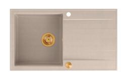 Quadri Luton Perle Beige Granit-Aufbau-Spülbecken mit Abtropffläche umkehrbar 86x50cm mit Kupferstöpsel 1208971777