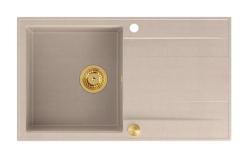 Quadri Luton Perlenbeige Granitaufbauwaschbecken mit Abtropffläche umkehrbar 86x50cm mit goldenem Stecker 1208971778
