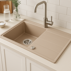 Quadri Luton Perlenbeige Granitaufbau-Spülbecken mit Abtropffläche, umkehrbar 86x50cm mit Edelstahl-Stecker 1208971779