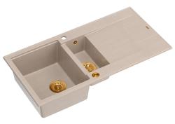 Quadri Luton Perlbeige Granitaufbau 1,5 Spülbecken mit Abtropffläche umkehrbar 100x50cm mit Kupferstöpsel 1208971792