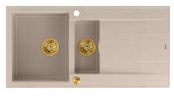 Quadri Luton Perlbeige Granit-Aufbau 1,5 Spülbecken mit Abtropffläche umkehrbar 100x50cm mit goldenem Plug 1208971793