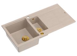 Quadri Luton Perlbeige Granit-Aufbau 1,5 Spülbecken mit Abtropffläche umkehrbar 100x50cm mit goldenem Plug 1208971793