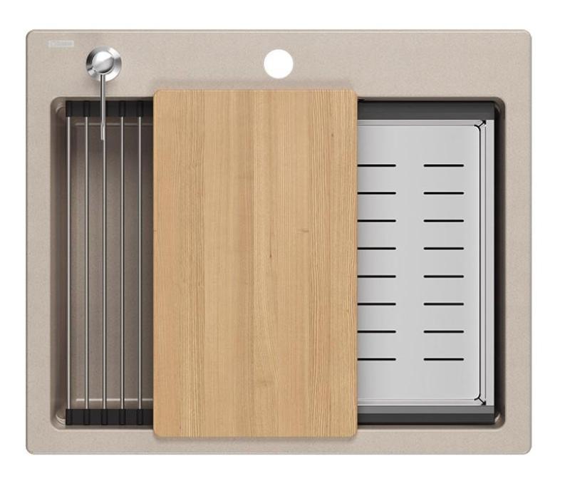 Quadri Durham Pearl Beige Granit-Aufbau-Spülbecken 595x500 mit Seifenspender, Schneidebrett, Einsatzbecken und Rollmatte 1208971814