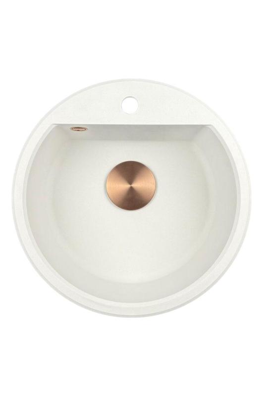 GraniteMy Bremen runder Granitwaschbecken 43 cm weiß, Aufbau und Unterbau, mit Armaturenlochbank und automatischem Kupferstöpsel 1208971847
