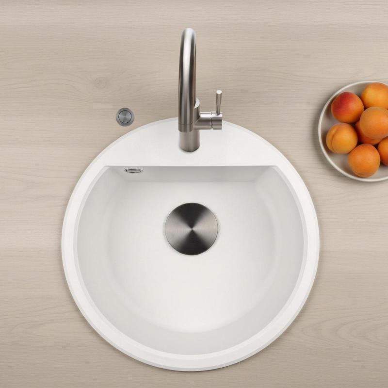 GraniteMy Bremen round granite sink 43 cm white, top mount and undermount, with faucet hole bench and automatic gun metal plug 1208971849