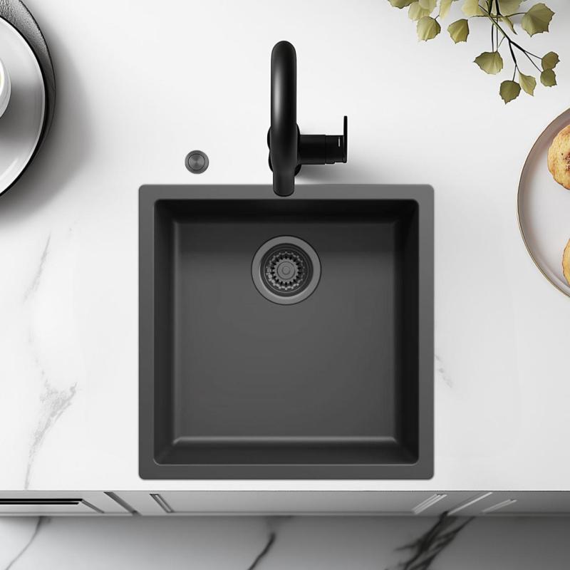 Ausmann Fibre schwarzes Spülbecken 40x40cm Unterbau, Aufbau und flächenbündiger Einbau mit automatischem Gun Metal Stopfen 1208971854