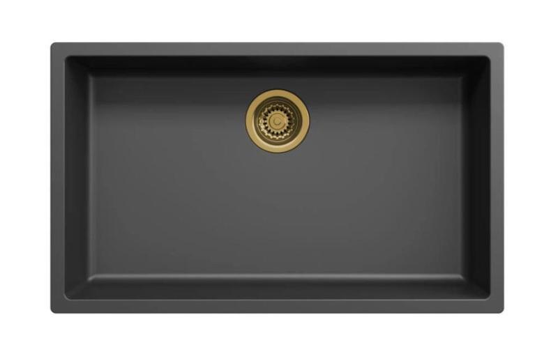 Ausmann Faser schwarz großes Spülbecken 70x40cm Unterbau, Aufbau und flächenbündiger Einbau mit automatischem goldenem Stecker 1208971864