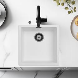 Ausmann Fibre weißes Spülbecken 40x40cm Unterbau, Aufbau und flächenbündiger Einbau mit automatischem Gun-Metal-Plug 1208971895