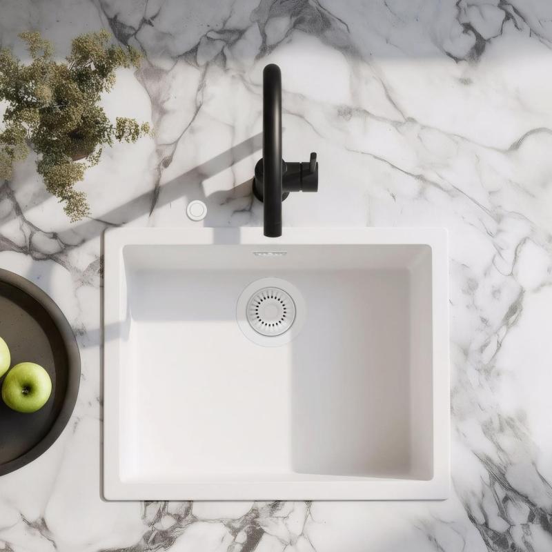 Ausmann Fiber weißes Spülbecken 50x40cm Unterbau, Aufbau und Flächenmontage mit automatischem weißen Stecker 1208971903