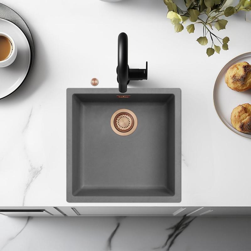 Ausmann Faserbeton graues Spülbecken 40x40cm Unterbau, Aufbau und flächenbündiger Einbau mit automatischem Kupferstöpsel 1208971912