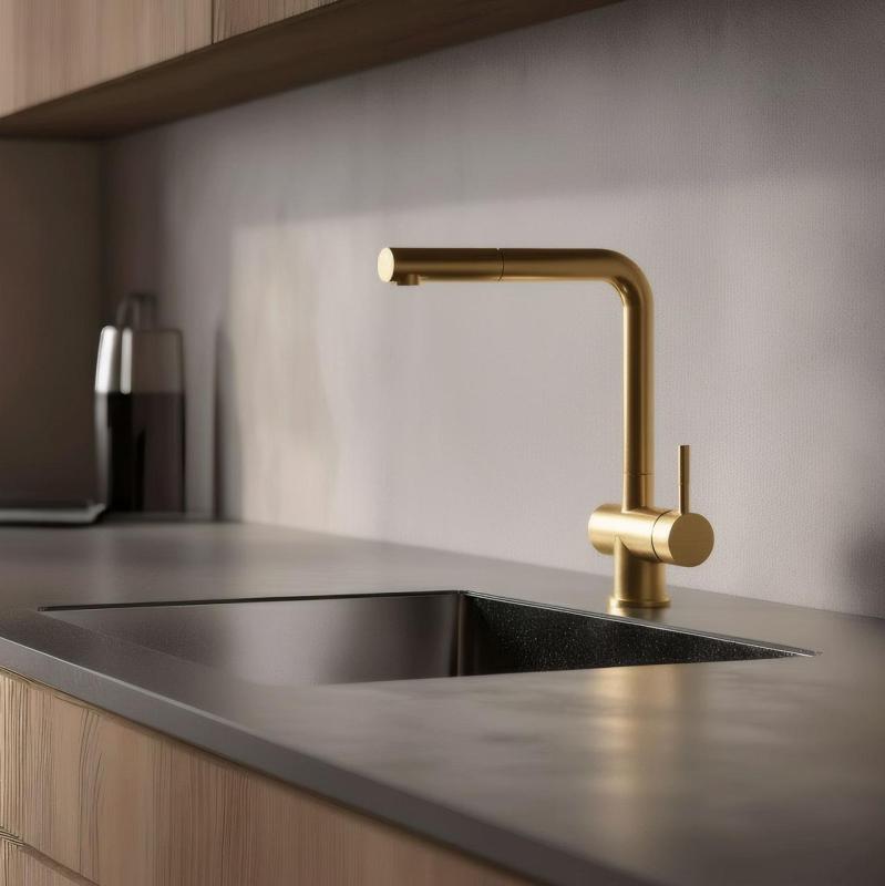 Pure.Sink Elite Steel Pulse-S Küchenarmatur PVD gebürstetes Gold mit ausziehbarem Auslauf und Sprühmodus PS8500-60