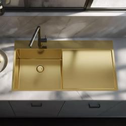 Pure.Sink Exclusivo Goldene Spüle mit Abtropffläche 100 x 52 cm Wasserhahn links PEX47100LT-60
