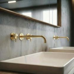 Waterevolution Flow 3-Loch-Einbau-Waschtischarmatur PVD Weißgold mit Auslauf 21 cm T1163FWGE-21