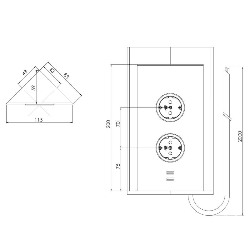 Indux Corner Energie-Säule mit 2 Steckdosen, Schutzkontakt und 2 x USB-Ladegerät Weiß 1208972298