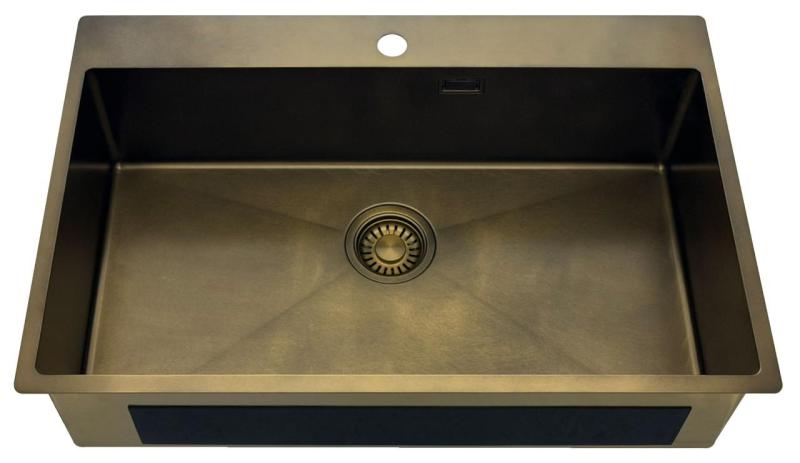 Pure.Sink Luxion Große PVD-Antik-Bronze-Spüle 78 x 50 cm Tapwing mit Hahnlochbank und Bodenrost PLX7850T-64