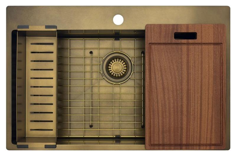 Pure.Sink Luxion Große PVD-Antik-Bronze-Spüle 78 x 50 cm Tapwing mit Hahnlochbank und Bodenrost PLX7850T-64