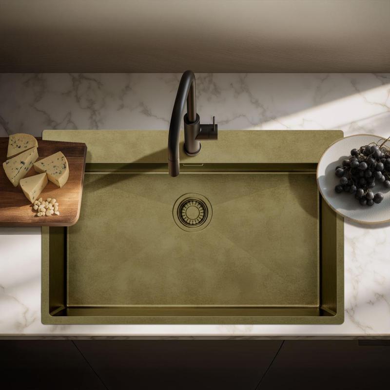 Pure.Sink Luxion Große PVD-Antik-Bronze-Spüle 78 x 50 cm Tapwing mit Hahnlochbank und Bodenrost PLX7850T-64