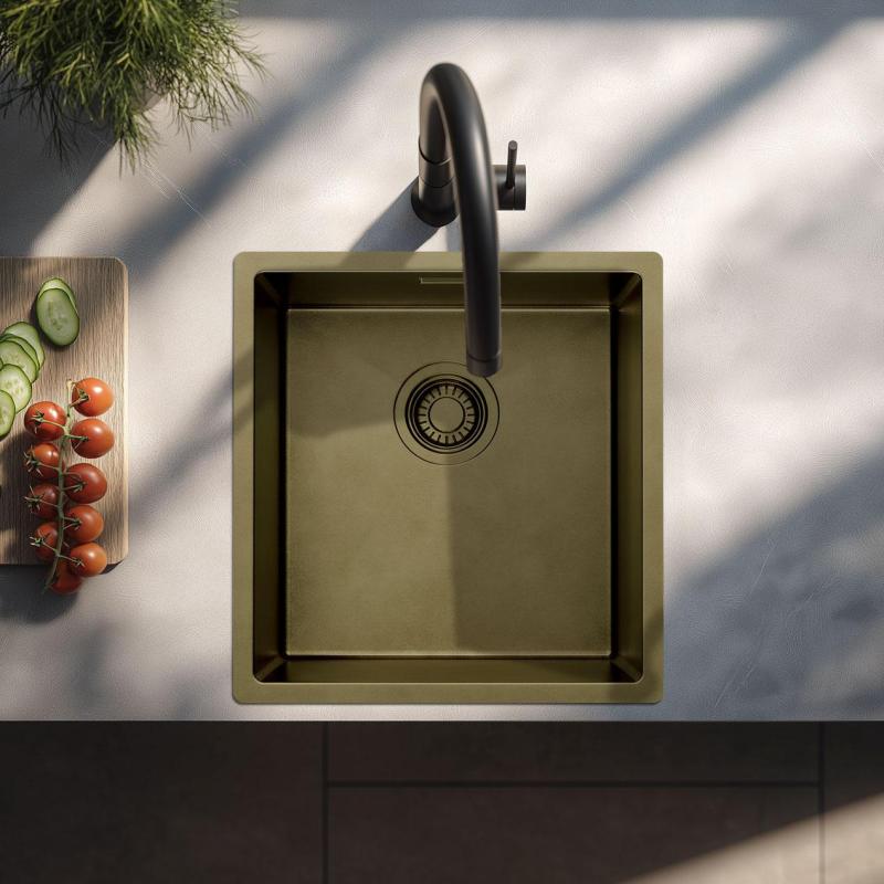 Pure.Sink Luxion PVD Antik Bronze Spülbecken 36x40 cm Unterbau, flach eingebaut und aufgesetzt  mit Bodenrost PLX3640-64