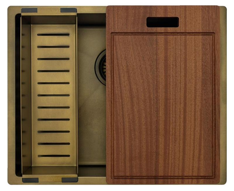 Pure.Sink Luxion PVD Antik Bronze Spülbecken 50x40 cm Unterbau, flach eingebaut und aufgesetzt mit Bodenrost PLX5040-64