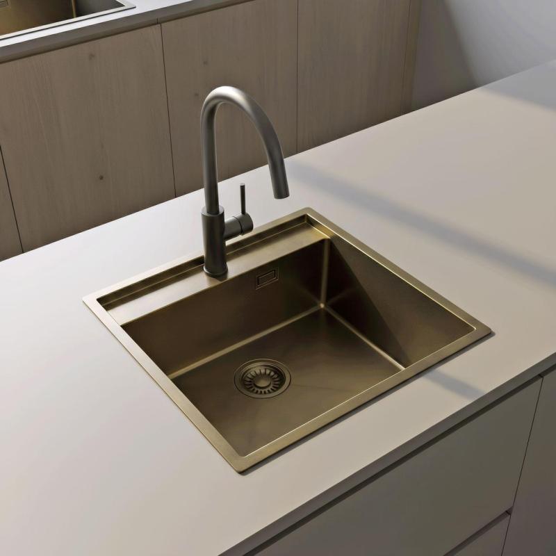 Pure.Sink Luxion PVD Antik Bronze Spülbecken 51x50 cm Tapwing mit Hahnlochbank und Bodenrost PLX5150T-64