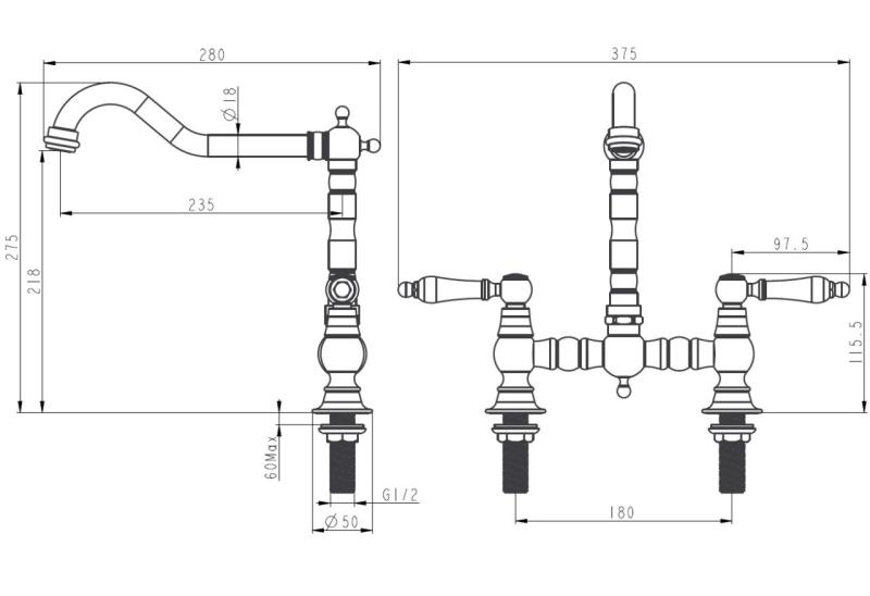 Aquanello Heritage Manor Klassische Küche Nostalgische Brücke Küchenarmatur Chrom mit weißem Hebel CR-0010-HM
