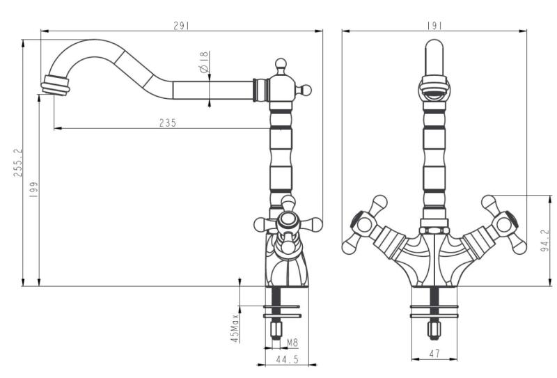 Aquanello Heritage Ascot Klassische Küche Nostalgischer Küchenwasserhahn Bronze mit rechtwinkligem Auslauf BN-4002-HA