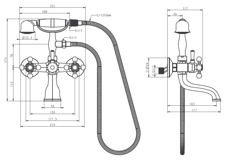 Aquanello Heritage Ascot Klassischer Aufsatz-Badewannenmischer mit Sternknöpfen aus Edelstahl inklusive Handbrause NB-3002-HA