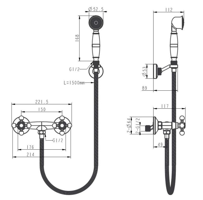 Aquanello Heritage Ascot Klassischer Aufputz-Duscharmaturenset mit Sternknöpfen aus Edelstahl inklusive Handbrause NB-2002-HA